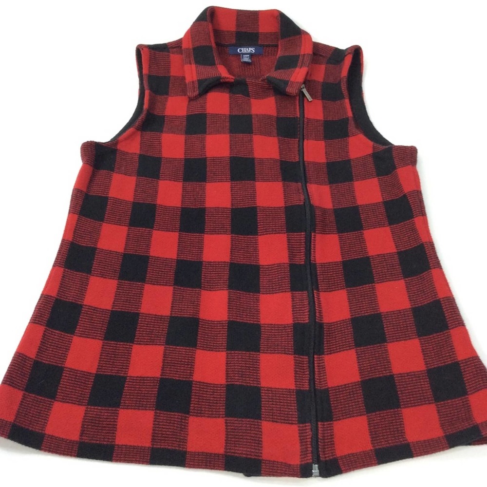 Chaps M Red Black Checkered Vest Full Zip Collared